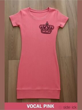 Vocal Pink Ribbed Dress Short Sleeve Embellished Crown